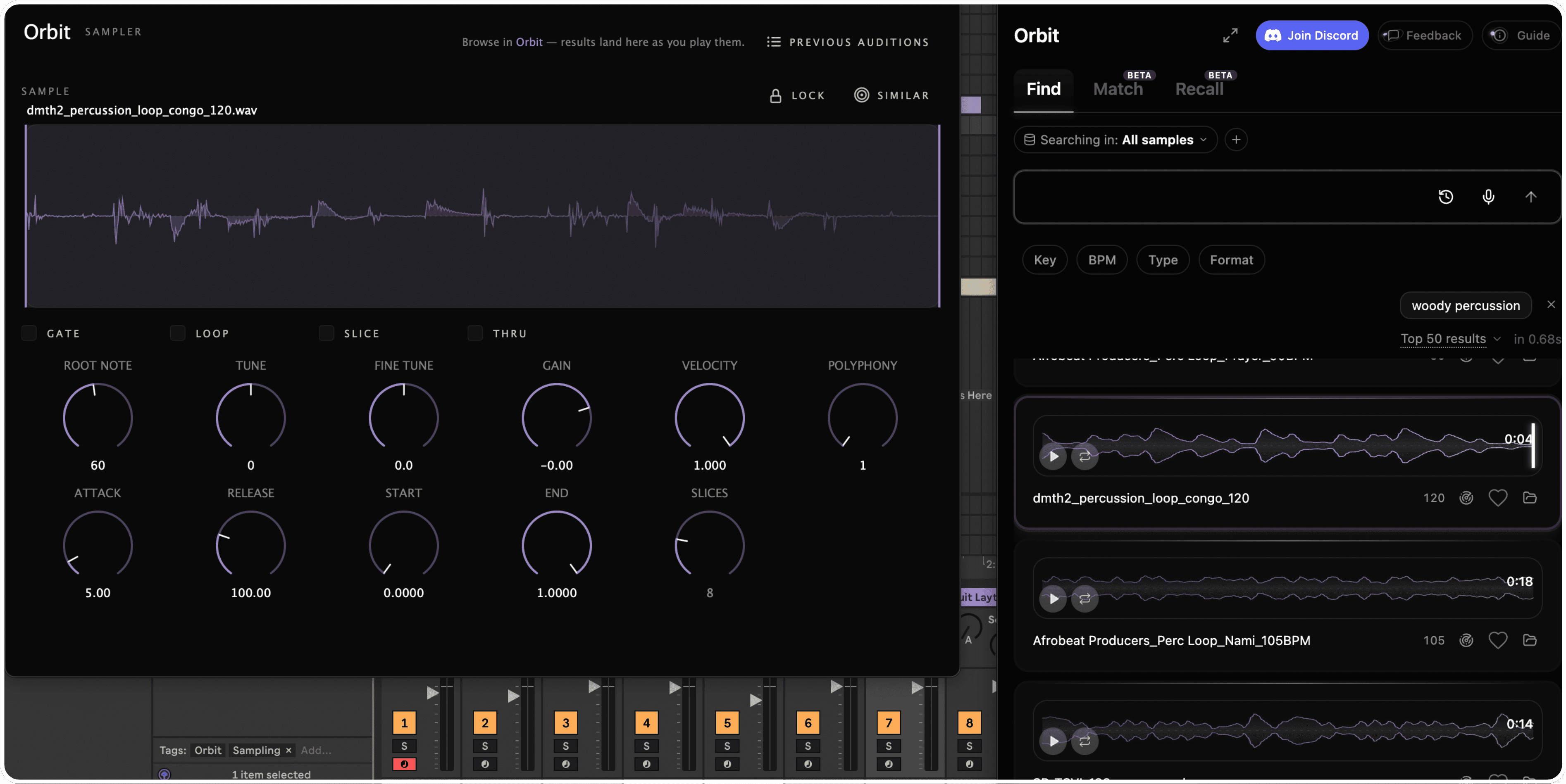 Orbit's Find tab searching “woody percussion” across all samples, with the Orbit Sampler plugin auditioning a congo loop result