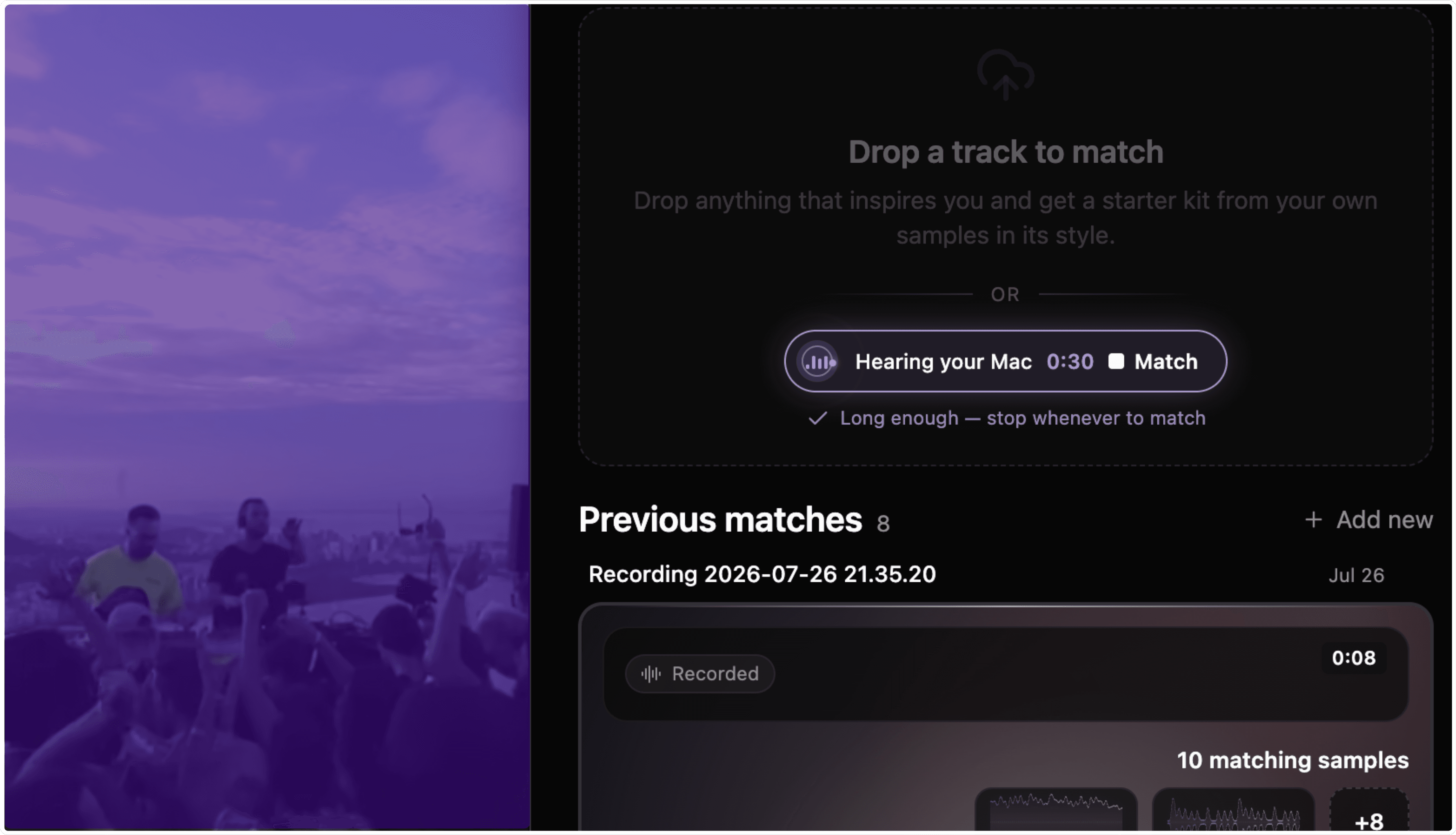 Orbit's Match tab listening to the Mac's audio, ready to build a starter kit, with previous matches listed below