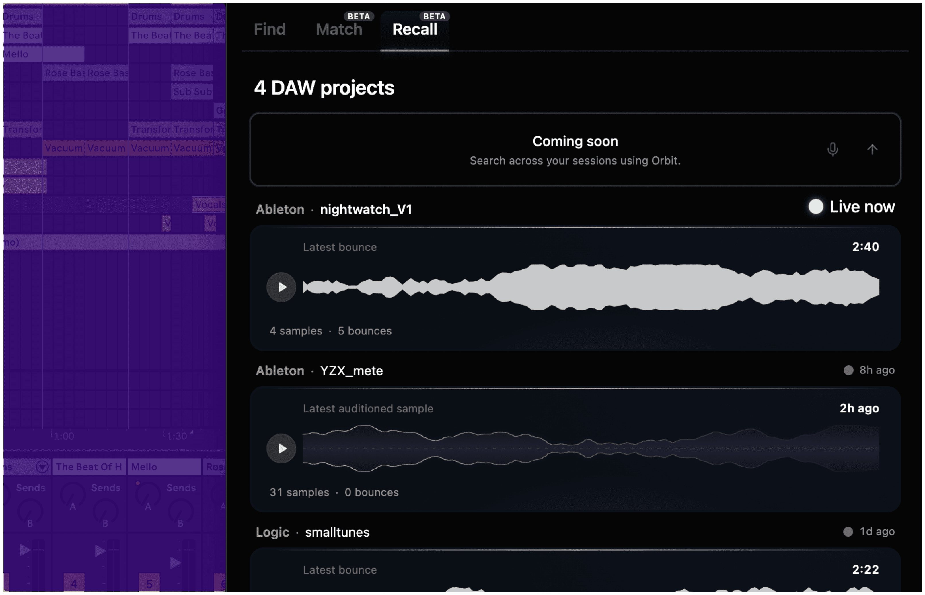 Orbit's Recall tab beside an Ableton session, listing recent DAW projects — Ableton and Logic — each with its latest bounce or auditioned sample, one session live now